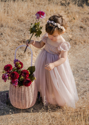 Taupe Lace Tulle Floor Length Romantic Wedding Flower Girl Dress